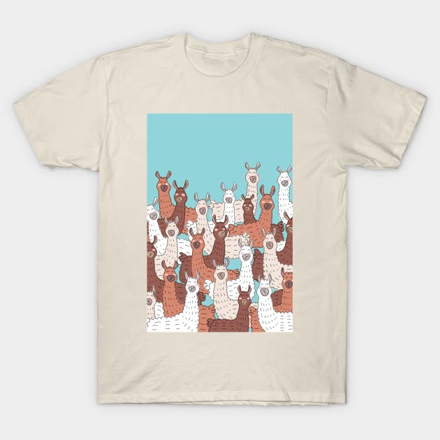 Llama Party - Brown Beige Aqua Blue T-Shirt by HappyCatPrints